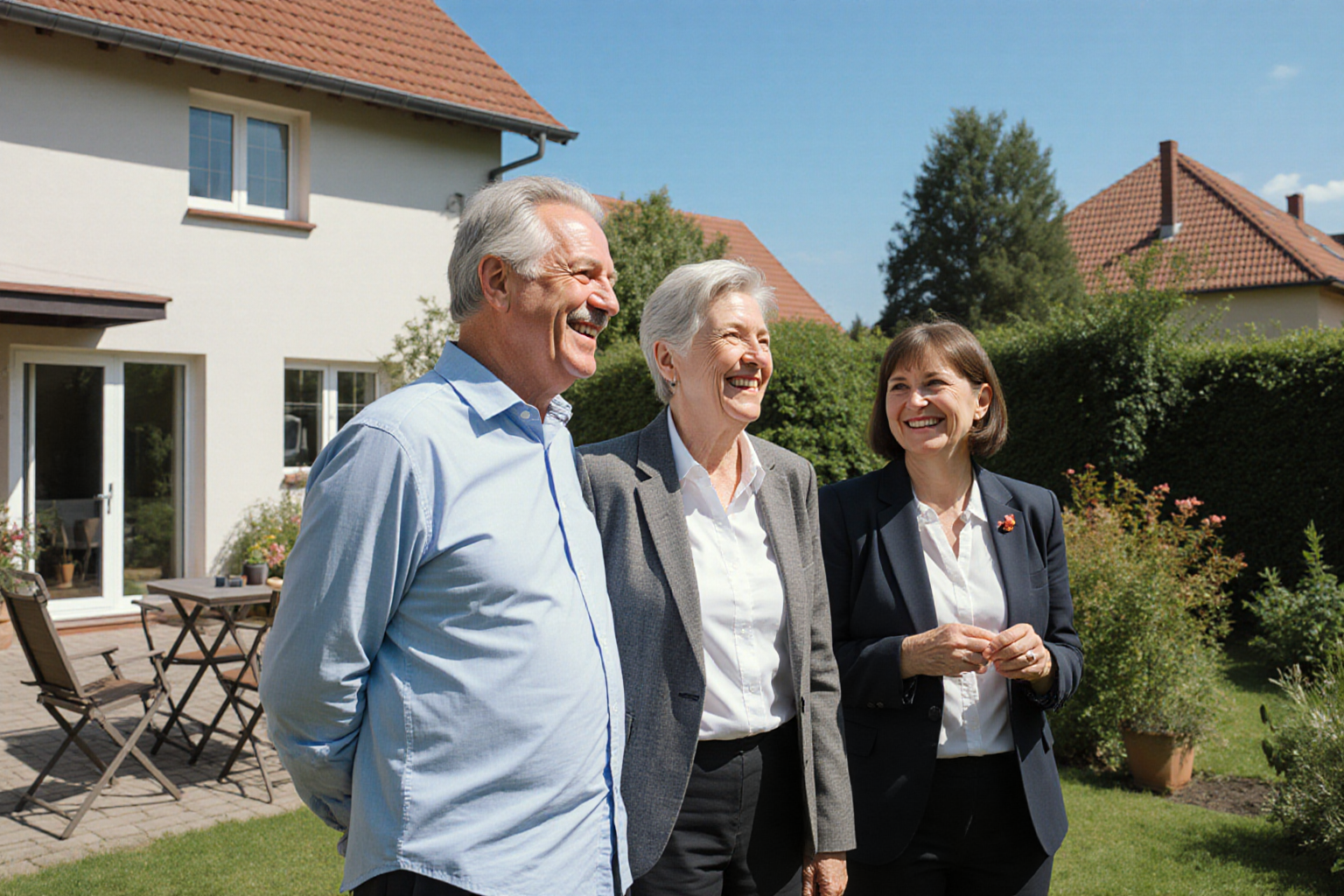 Gespräch im Garten eines charaktervollen Hauses