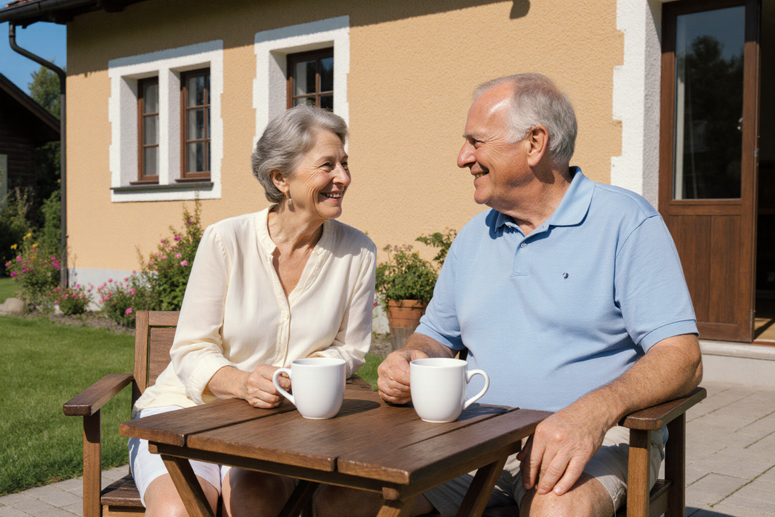 Paar beim Kaffee auf der Hausterrasse